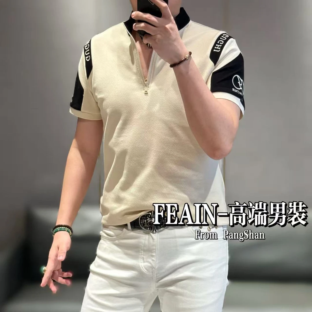 【雷迪·凯奇】半拉链拼接工艺百灵达刺绣大珠地比马棉短袖Polo012