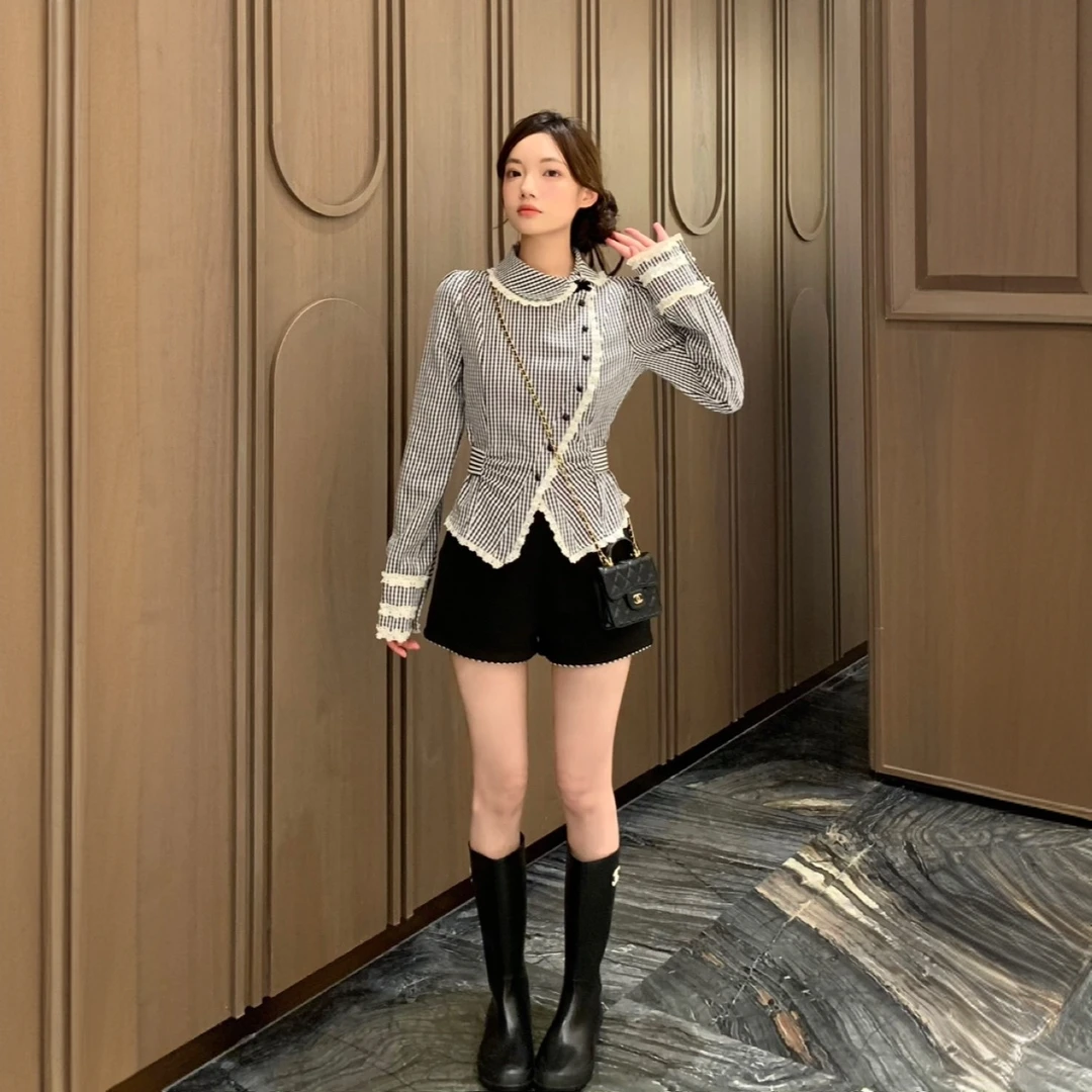 [ 乌木沉香 ] 减龄少女格纹斜襟娃娃领显瘦衬衣+短裤