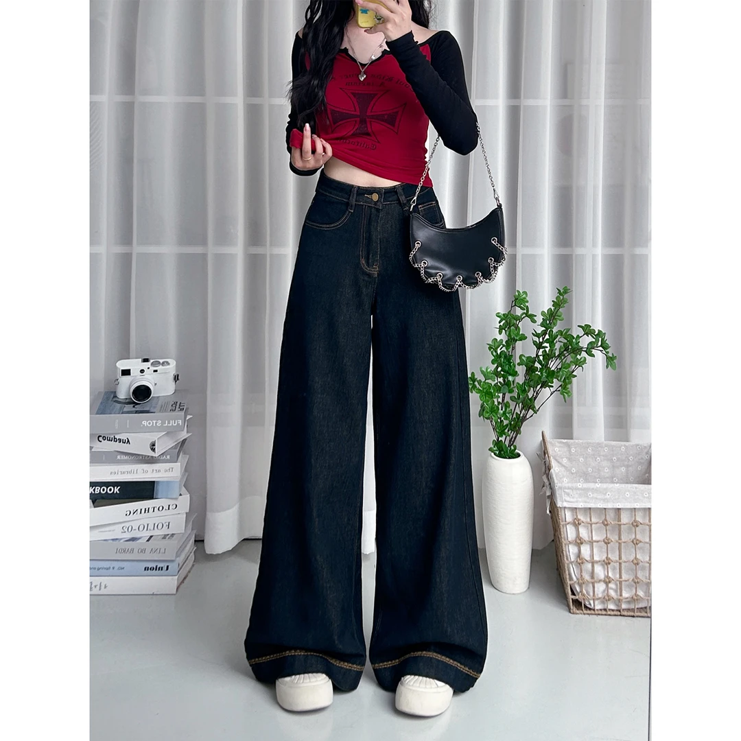 黑金色阔腿牛仔裤女秋季2025爆款高腰显瘦弹力宽松直筒垂感拖地裤