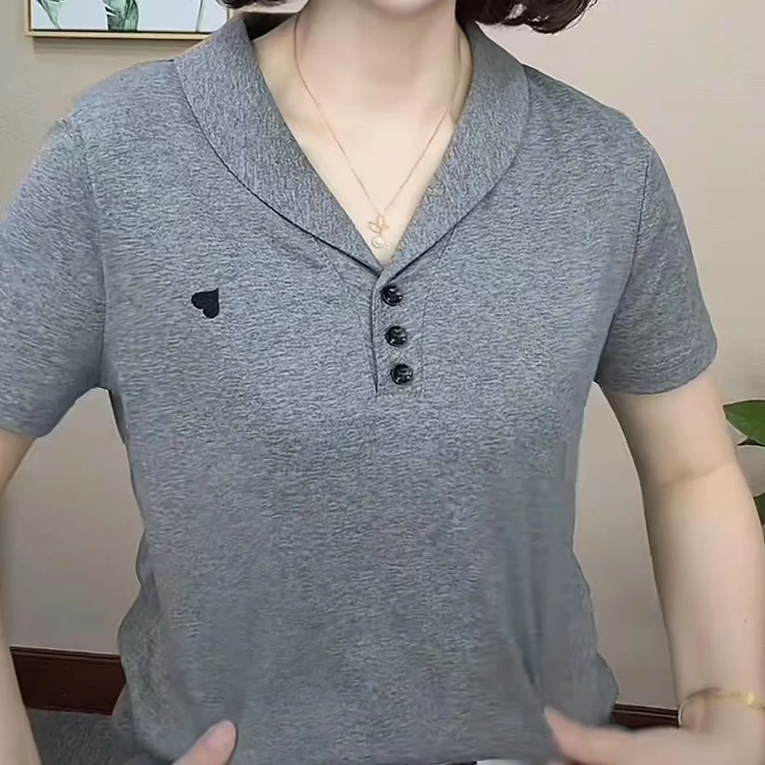 夏季新款女士上衣纯色短袖百搭洋气青果领时尚设计感修身显瘦小衫