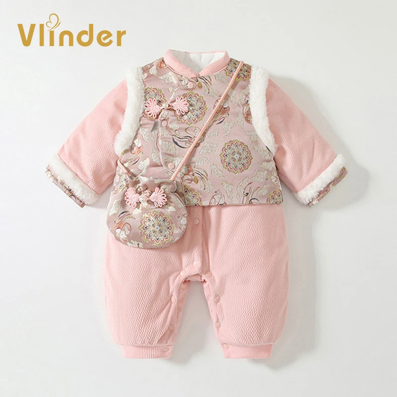 婴儿拜年服冬季女宝宝夹棉加厚国风连体棉衣满月百天周岁新年礼服