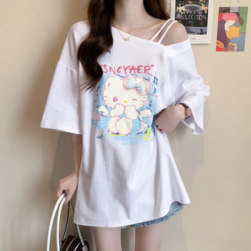 卡通白色短袖T恤女夏季新款韩版宽松大码显瘦小心机斜领设计上衣
