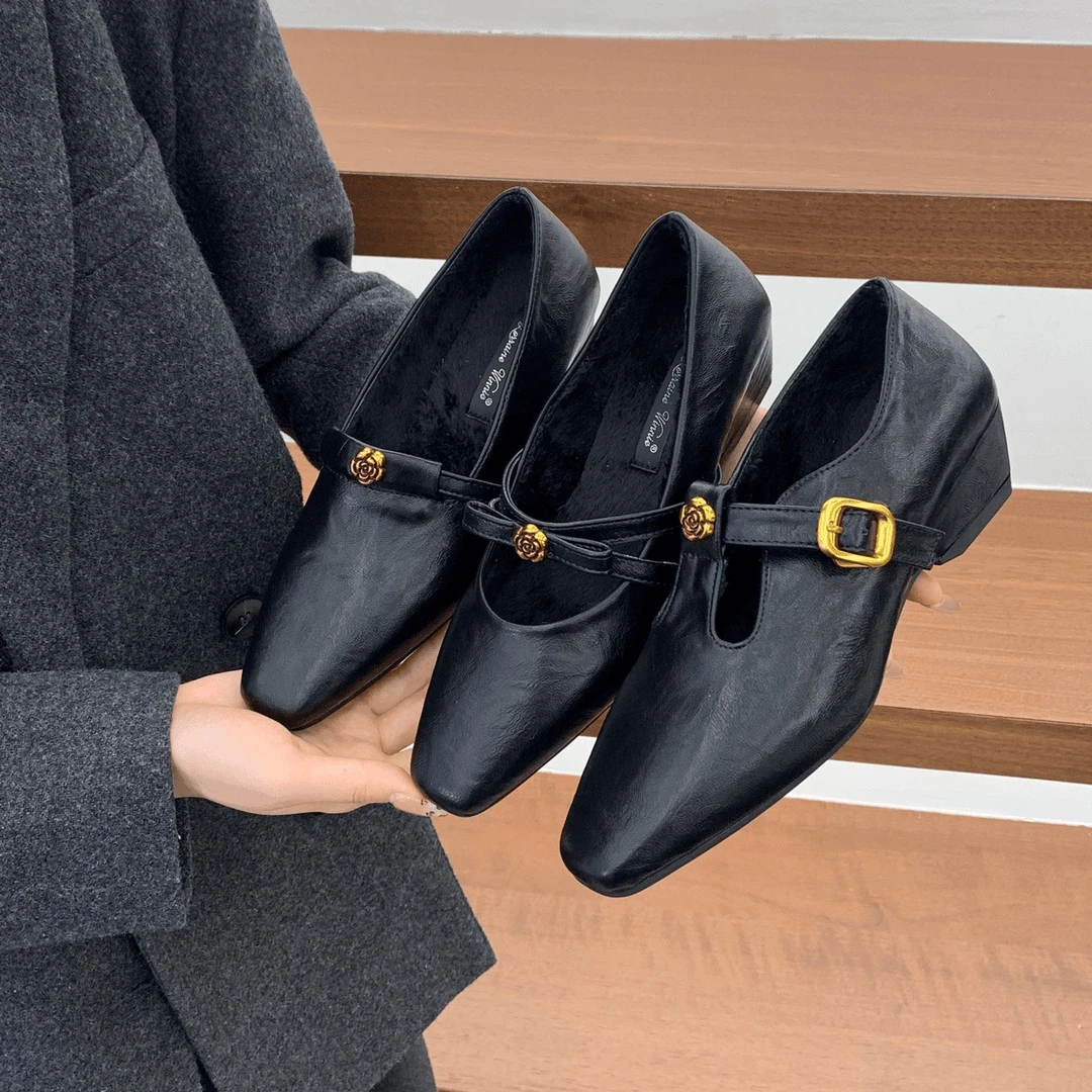 5CM！黑色毛毛鞋粗跟山茶花玛丽珍复古小皮鞋小个子通勤软底单鞋女