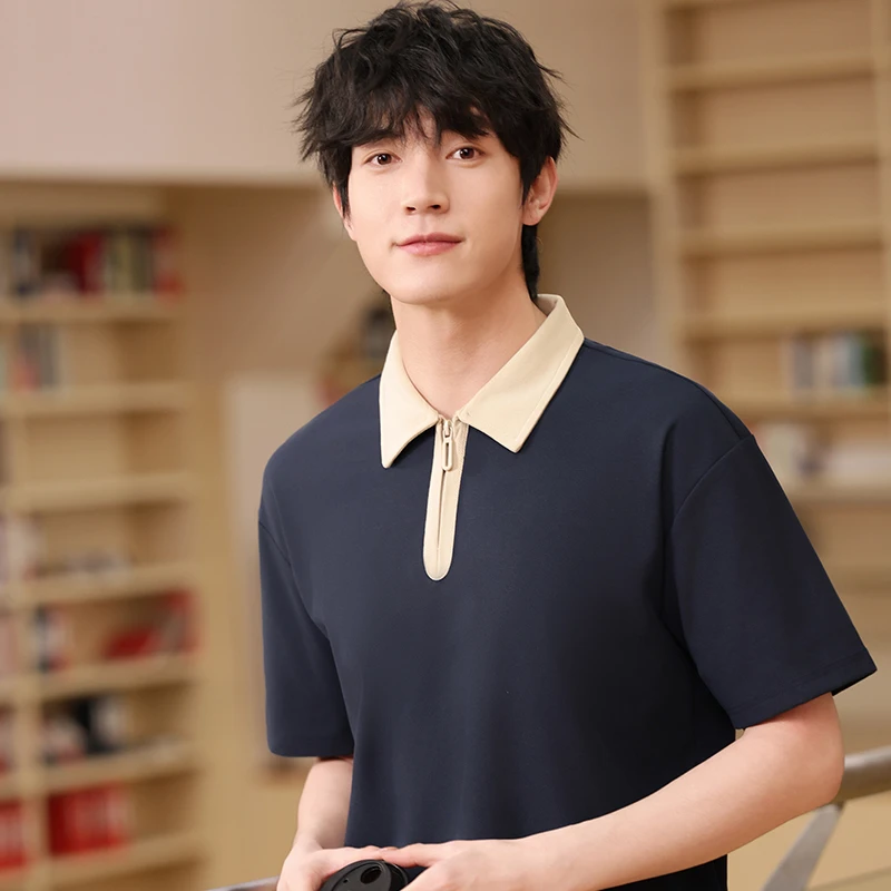 潮牌重磅半拉链POLO衫翻领短袖T恤男士夏季撞色百搭通勤学院风