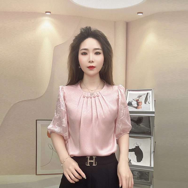 2025新款气质缎面七分袖衬衫女时尚宽松显瘦衬衣洋气小衫上衣女装