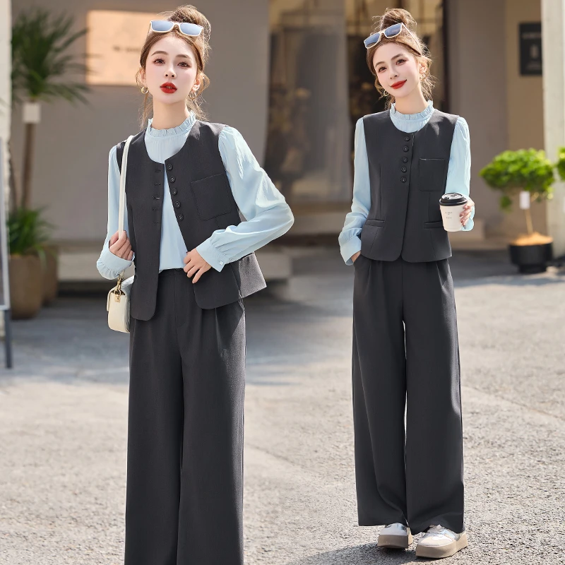 2025衬衫马甲套装女流行超火阔腿裤灰色三件套韩系气质上班族女装