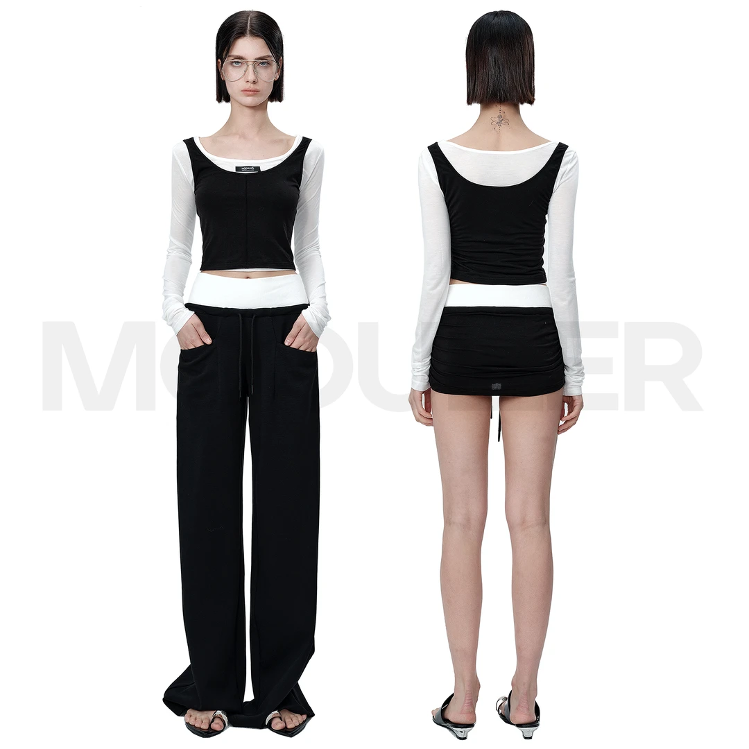 MODULER新款 原创黑白假两件修身短款显腰长袖T恤