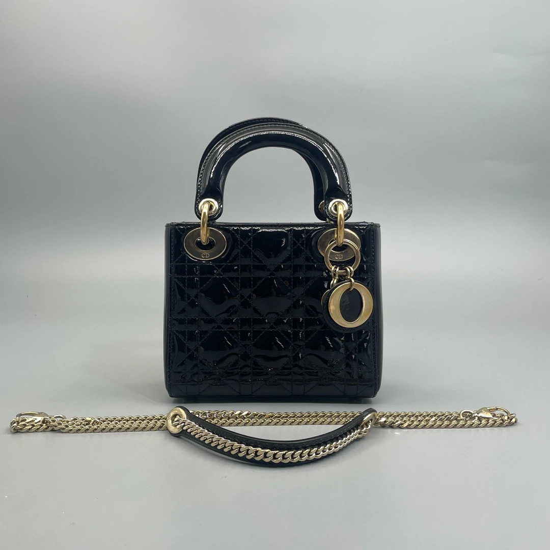 95新 DIOR/迪奥 黑金漆皮三格戴妃链条斜挎包  尺寸17*14 A3845