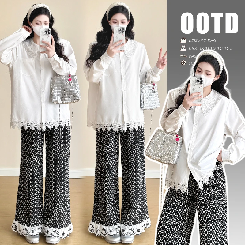2025春季新款韩版宽松圆领衬衫+设计感阔腿裤孕妇装套装两件套女