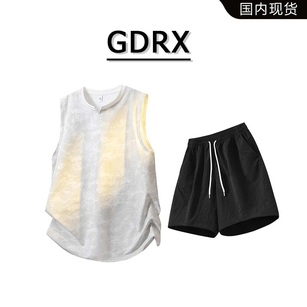 GDRX冰丝凉感休闲套装2025夏季新款男士宽松透气运动短袖两件套