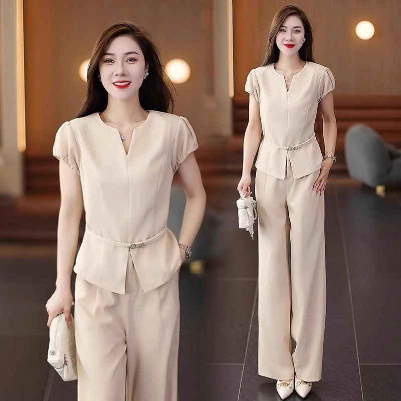 拉夏贝尔时尚气质套装夏季2025新款洋气显瘦短袖上衣阔腿裤两件套
