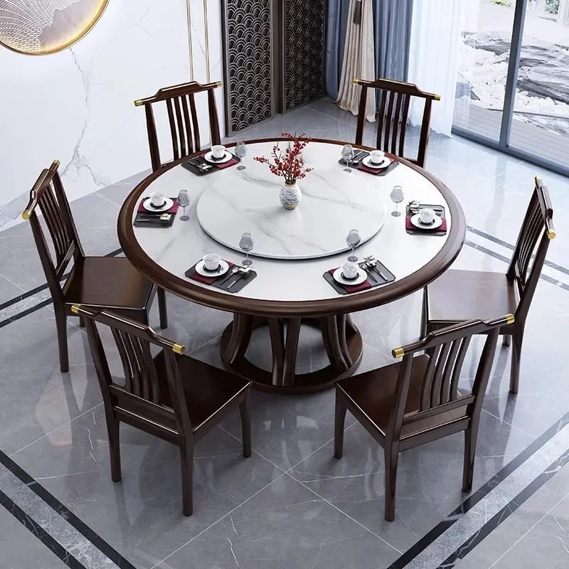 新中式岩板餐桌圆形酒店饭店别墅家用火锅桌带转盘大圆桌10-12人
