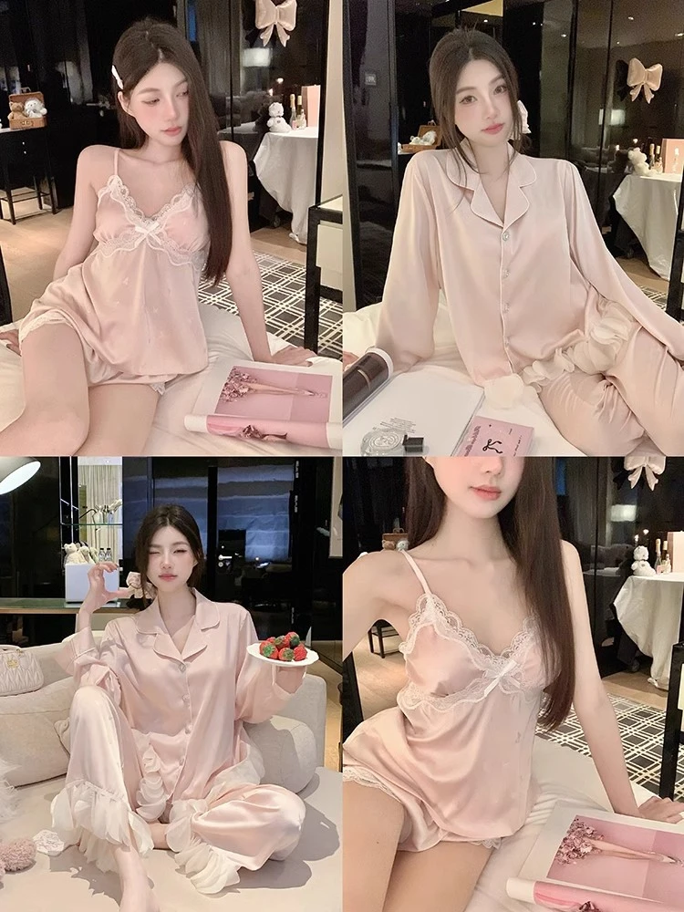 睡衣女2025新款春秋夏季冰丝长袖性感纯欲风吊带胸垫四件套家居服