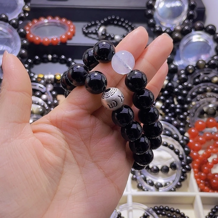 黑曜岩未镶嵌手串要**串14mm海兰宝加999圆银
