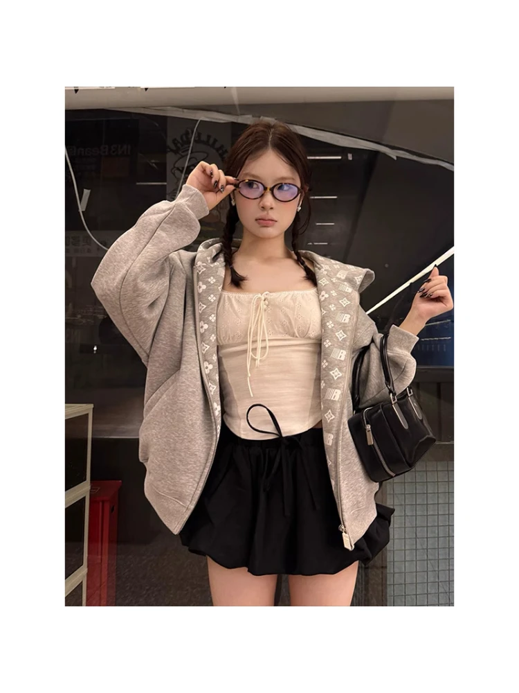 灰色连帽卫衣开衫女秋季新款重磅宽松拉链外套学院风潮牌情侣上衣