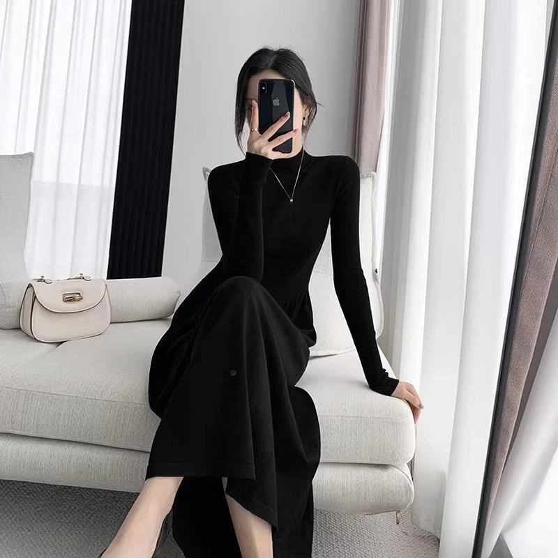 欧洲站2024新款女装法式配大衣长版过膝针织内搭内搭洋装女秋冬