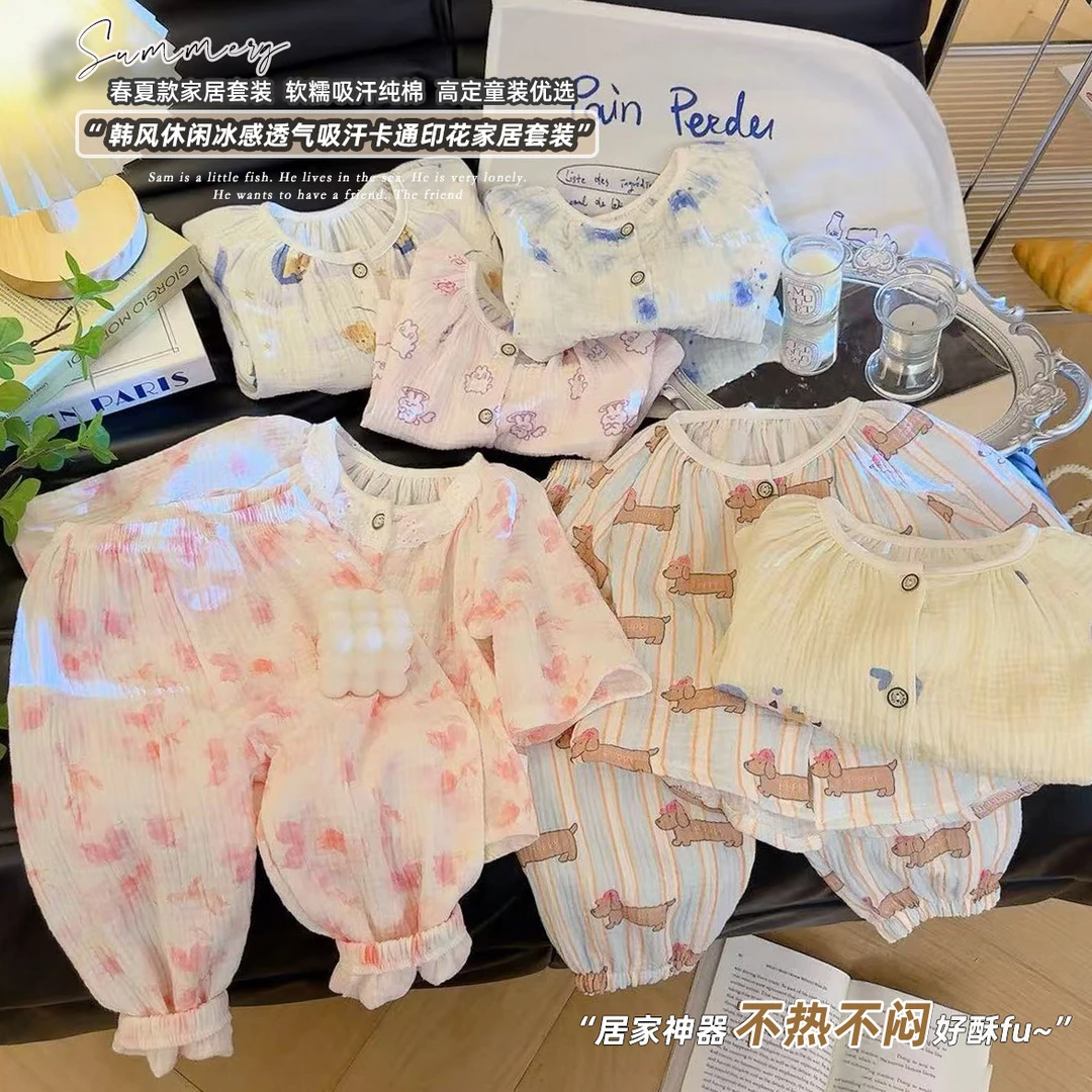 新款夏季儿童纯棉透气纱布套装夏装女童吸汗睡衣家居服七分袖居家