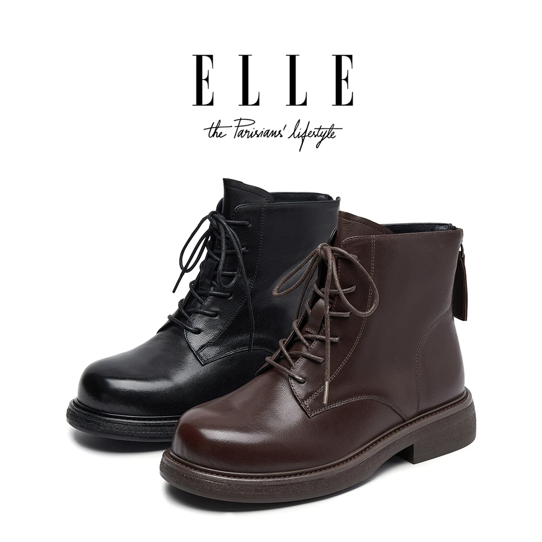 ELLE美拉德马丁靴女2025新款英伦风棕色靴子潮酷单鞋增高厚底短靴