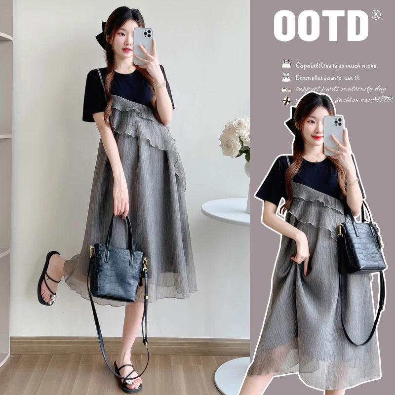 孕妇装2025夏季新款时尚显瘦假两件拼接A版大码中长款连衣裙