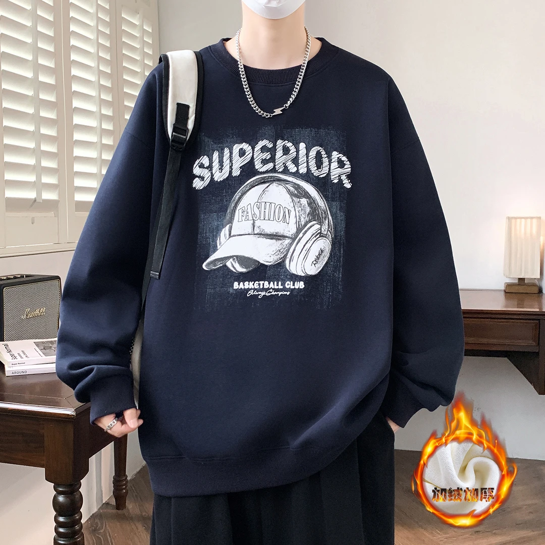 Mexican/稻草人秋冬长袖男士打底衫加绒圆领加厚高棉印花潮流卫衣