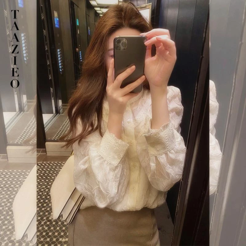 TAAZIEO法式打底蕾丝上衣女2025年春秋设计感小众长袖独特别致半