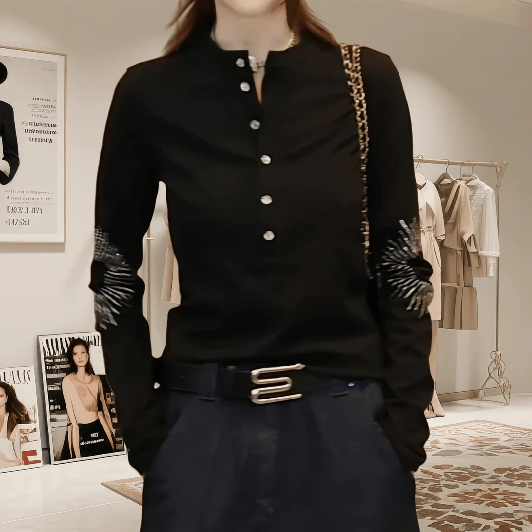 设计感极简风烫钻长袖T恤2025秋季新款洋气纽扣修身显瘦百搭上衣