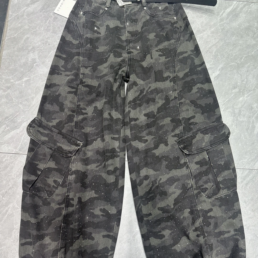 迷彩多口袋工装牛仔裤女高腰显瘦宽松直筒长裤