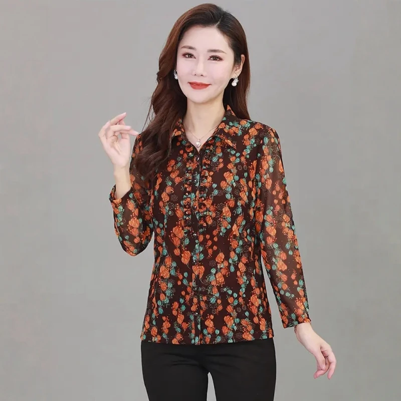 台湾网纱长袖春秋中老年女装修身速干薄款翻领上衣时尚洋气