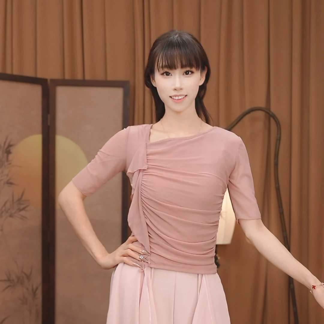 062-MuMu中袖褶皱水纱气质优雅短袖舞蹈服显瘦可外穿形体服上衣