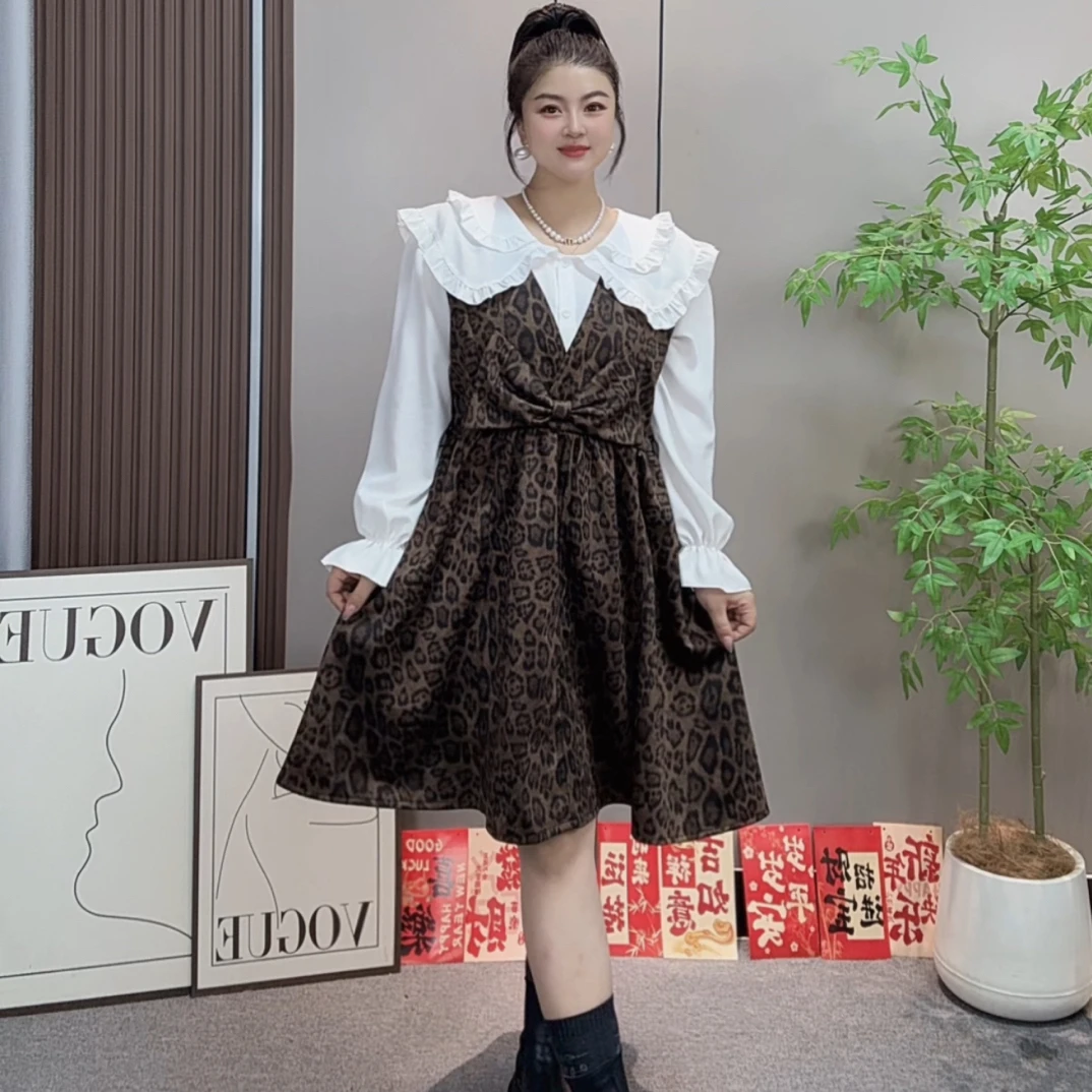 佳奇家大码时尚显瘦长袖娃娃领衬衫收腰两面穿韩版坎袖连衣裙套装