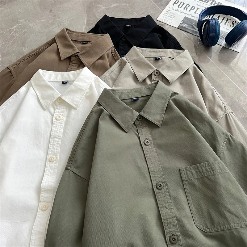 GC27纯色纯棉长袖男衬衫宽松休闲