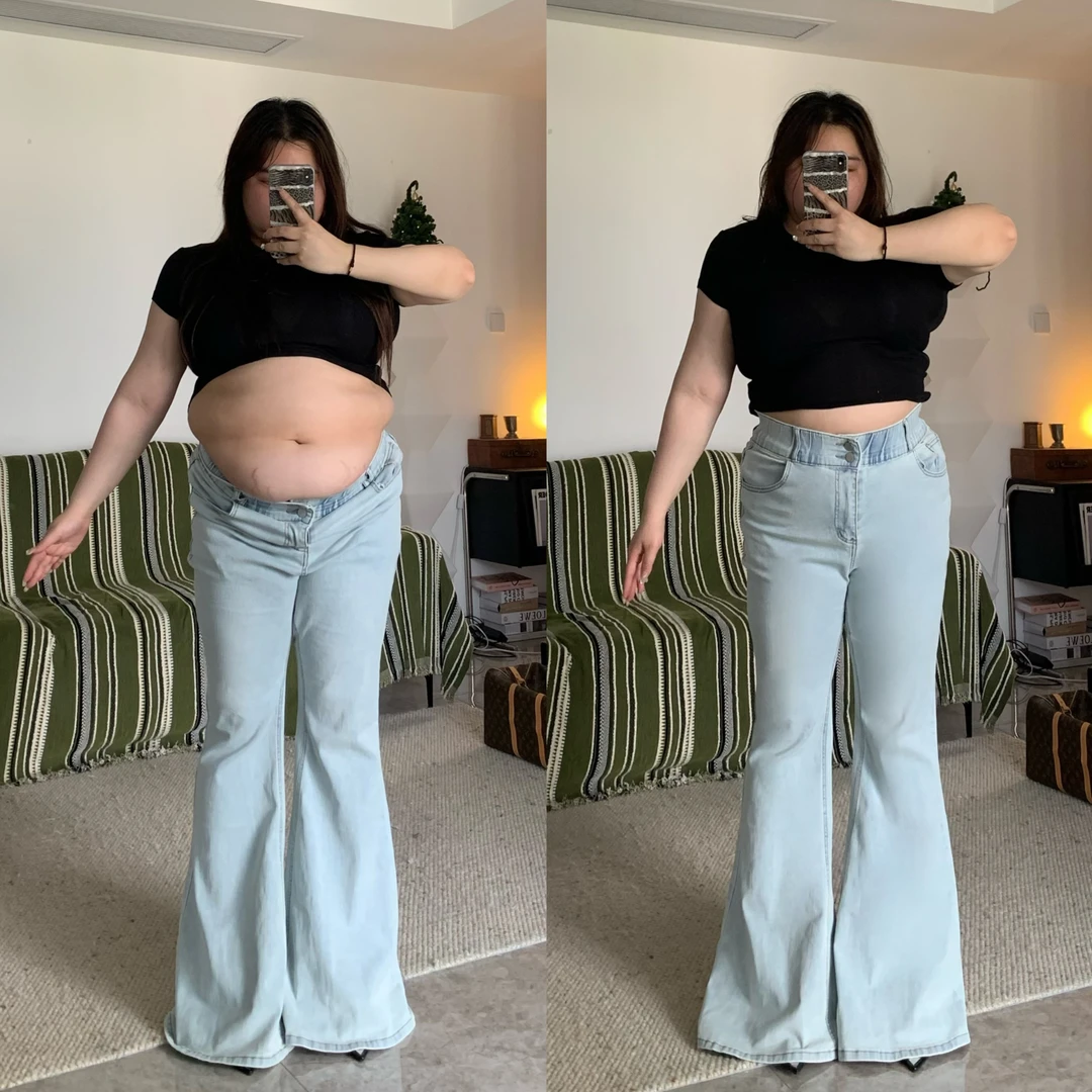 【绝美浅色瘦瘦裤 】大码微胖mm显瘦休闲设计感夏日大喇叭牛仔裤181