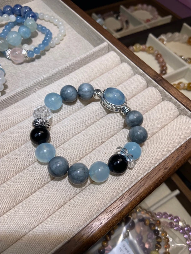 【勇气】天然海蓝宝鹰眼石白水晶手串