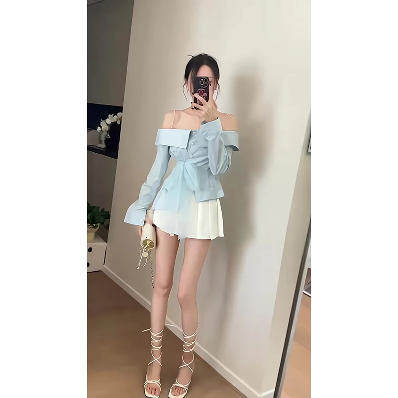 2025新款女士早春季法式时尚设计感一字领长袖衬衫上衣高腰半身裙