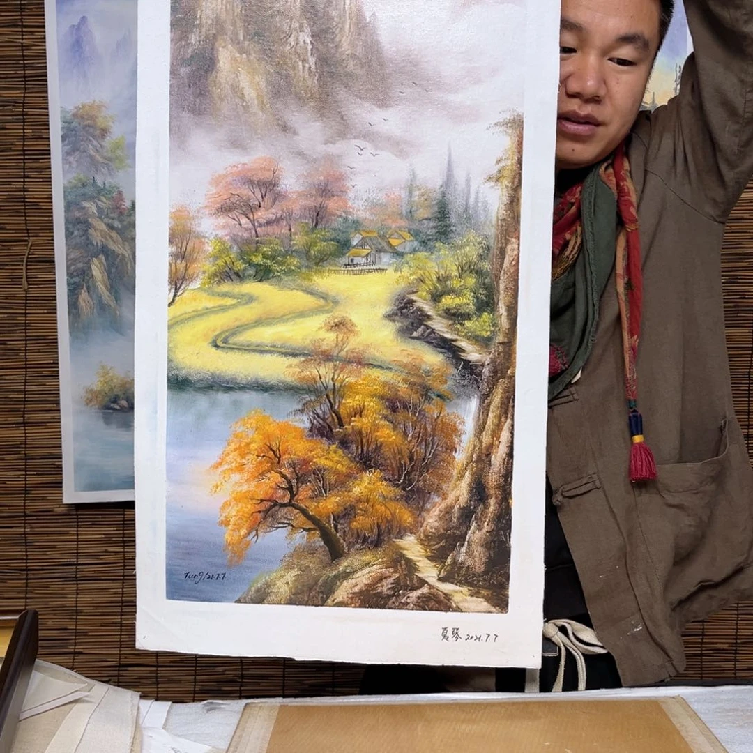油画行路人小院绘画作品竞拍