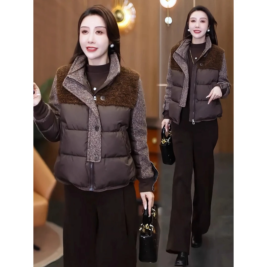 洋气毛呢拼接棉衣女2025冬季新款加厚保暖显瘦棉服百搭棉袄外套潮