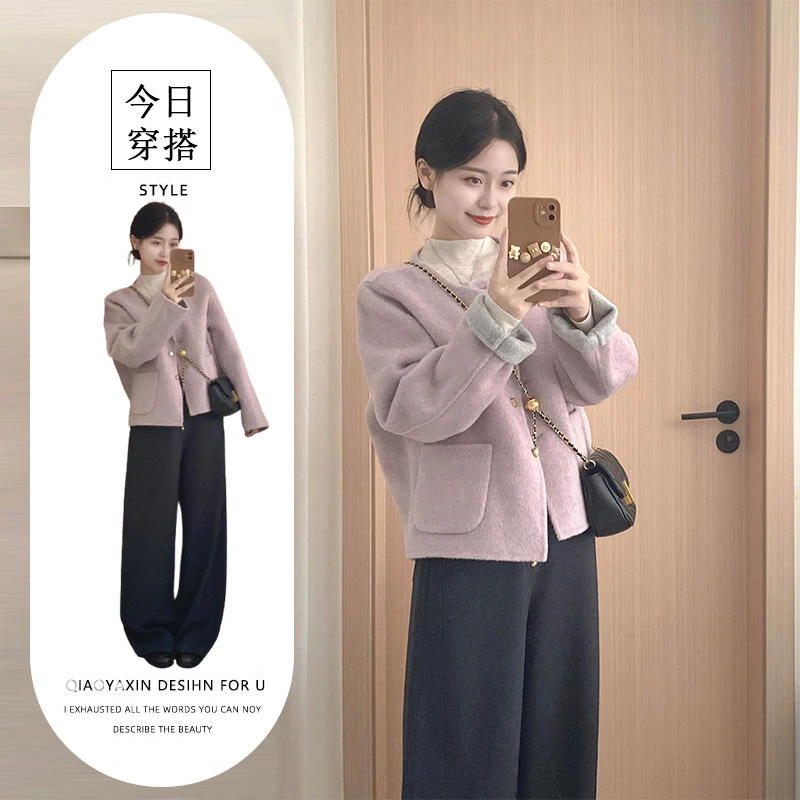 今年流行穿搭一整套女韩系温柔风紫色毛呢外套高腰休闲裤两件套装