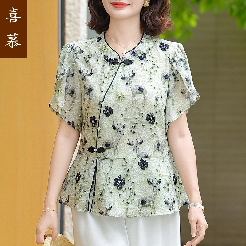 2025新款妈妈装新国风夏装时尚中老年女装洋气t恤减龄小衫上衣服