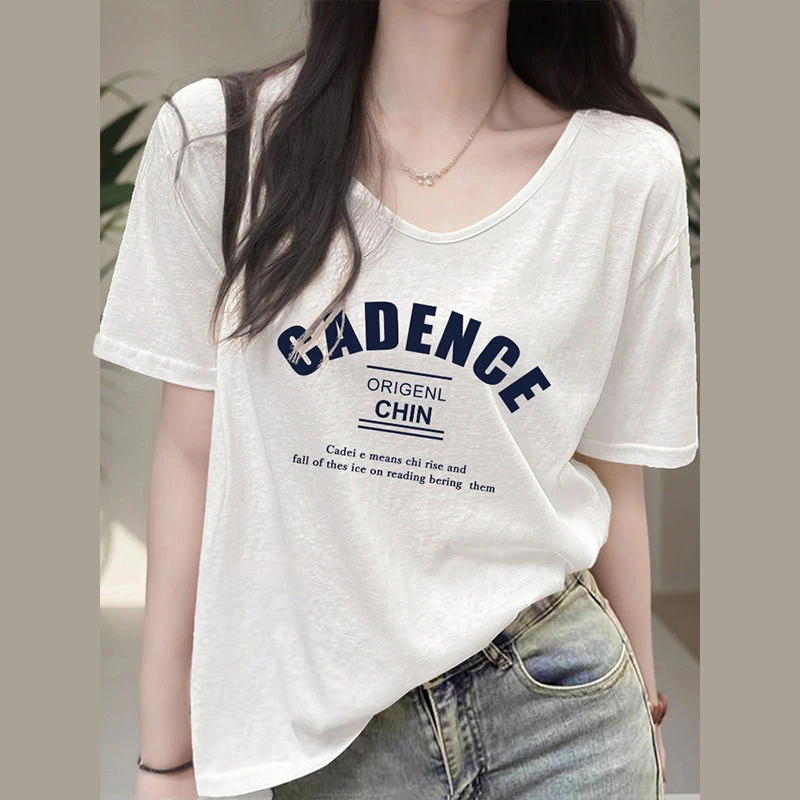 新款夏季女士宽松短袖T恤白色竹节棉字母印花正肩大码V领上衣潮