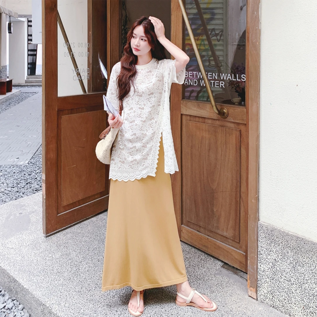法式慵懒风时尚套装裙女2025夏新款蕾丝短袖上衣吊带连衣裙两件套