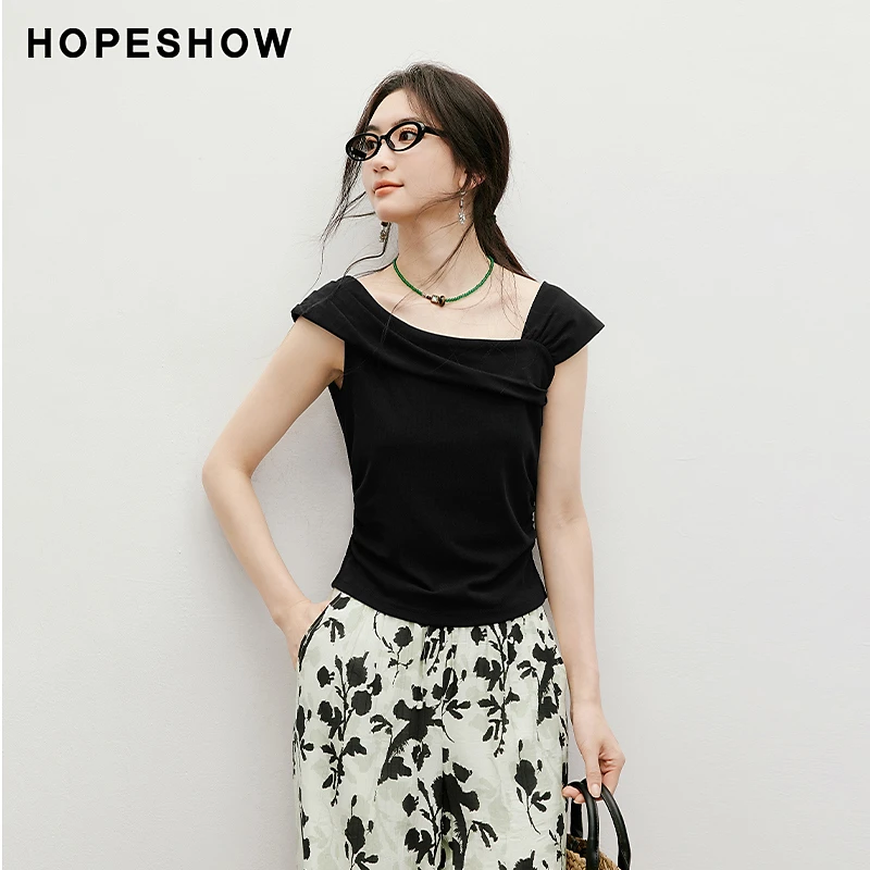 红袖2025夏季女装  纯色收腰不对称层次荡领套头上衣90125160203