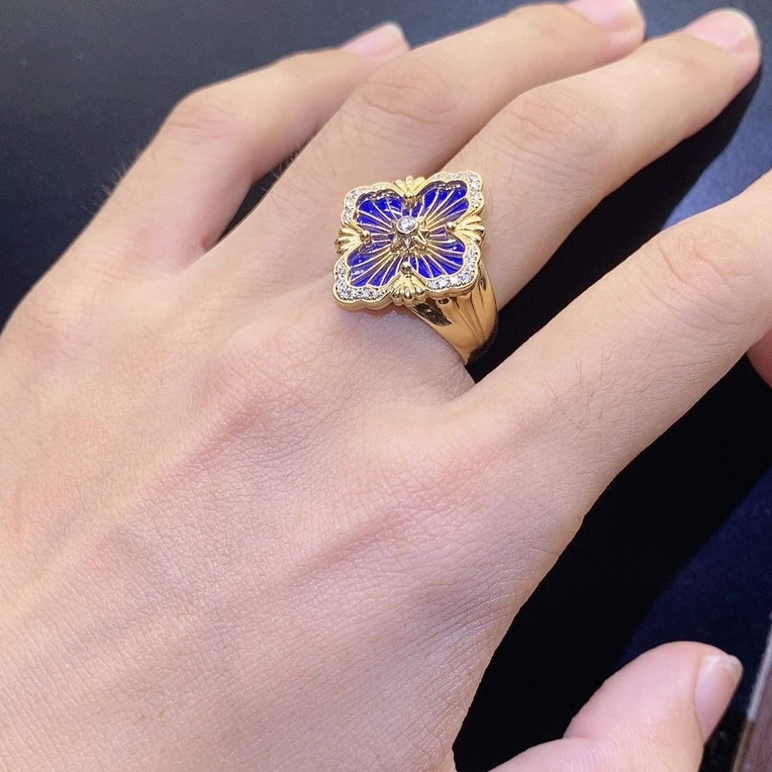 戒指/指环18K金镶嵌钻石大号歌剧院k黄蓝珐琅工艺