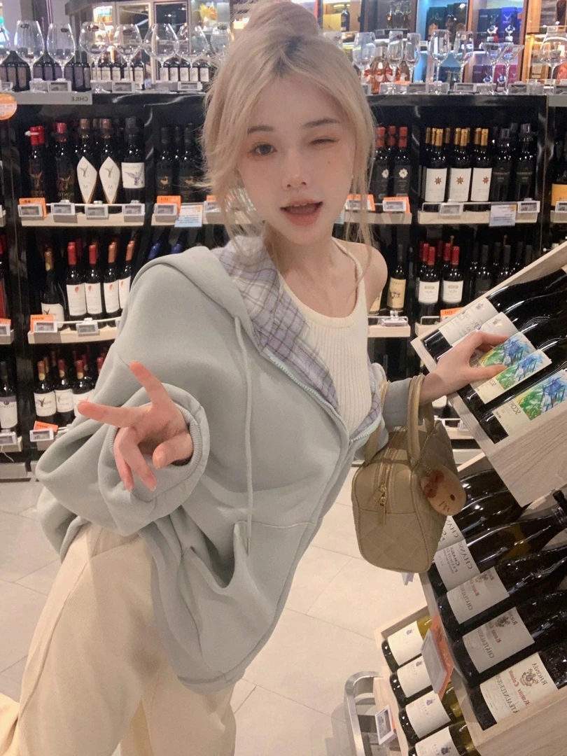 WRXS   蓝色格子拼接连帽卫衣女秋冬外套宽松慵懒风拉链开衫上衣