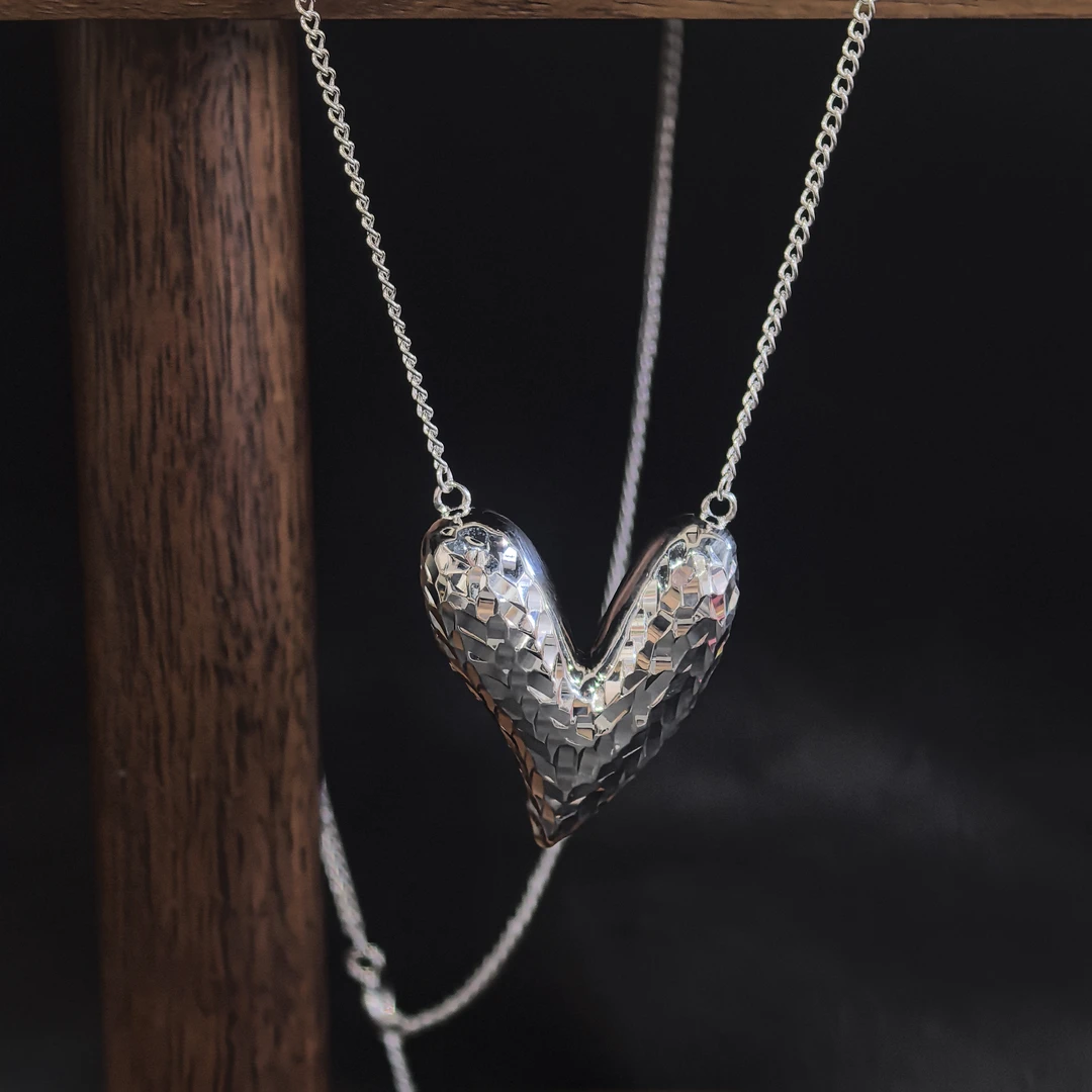 吊坠925银 氛围感配饰银色高级手工项链-碎冰冰流线爱心套链轻奢