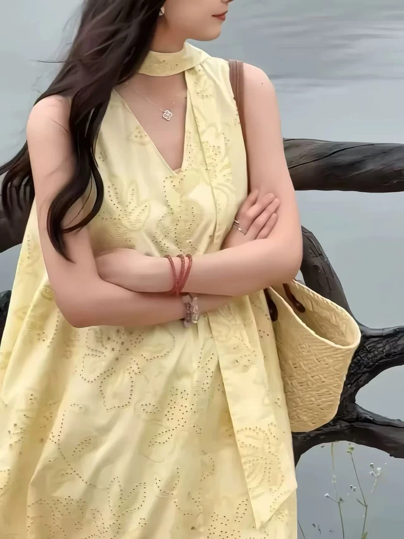 欧货新款南油复古高级感气质优雅减龄重工刺绣无袖背心连衣裙