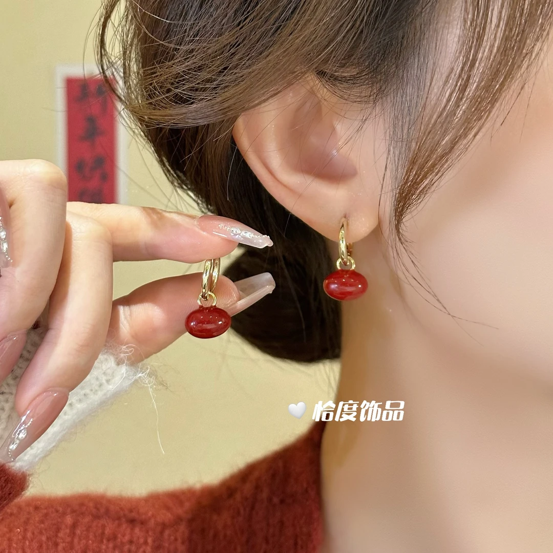 铜合金珐琅耳饰 【恰度】法式复古椭圆形质感珠珠吊坠耳环B127