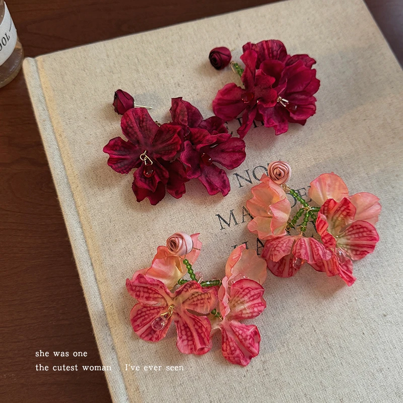 合金布艺耳饰 度假风红色甜美花朵耳环2025新款耳钉耳坠耳饰