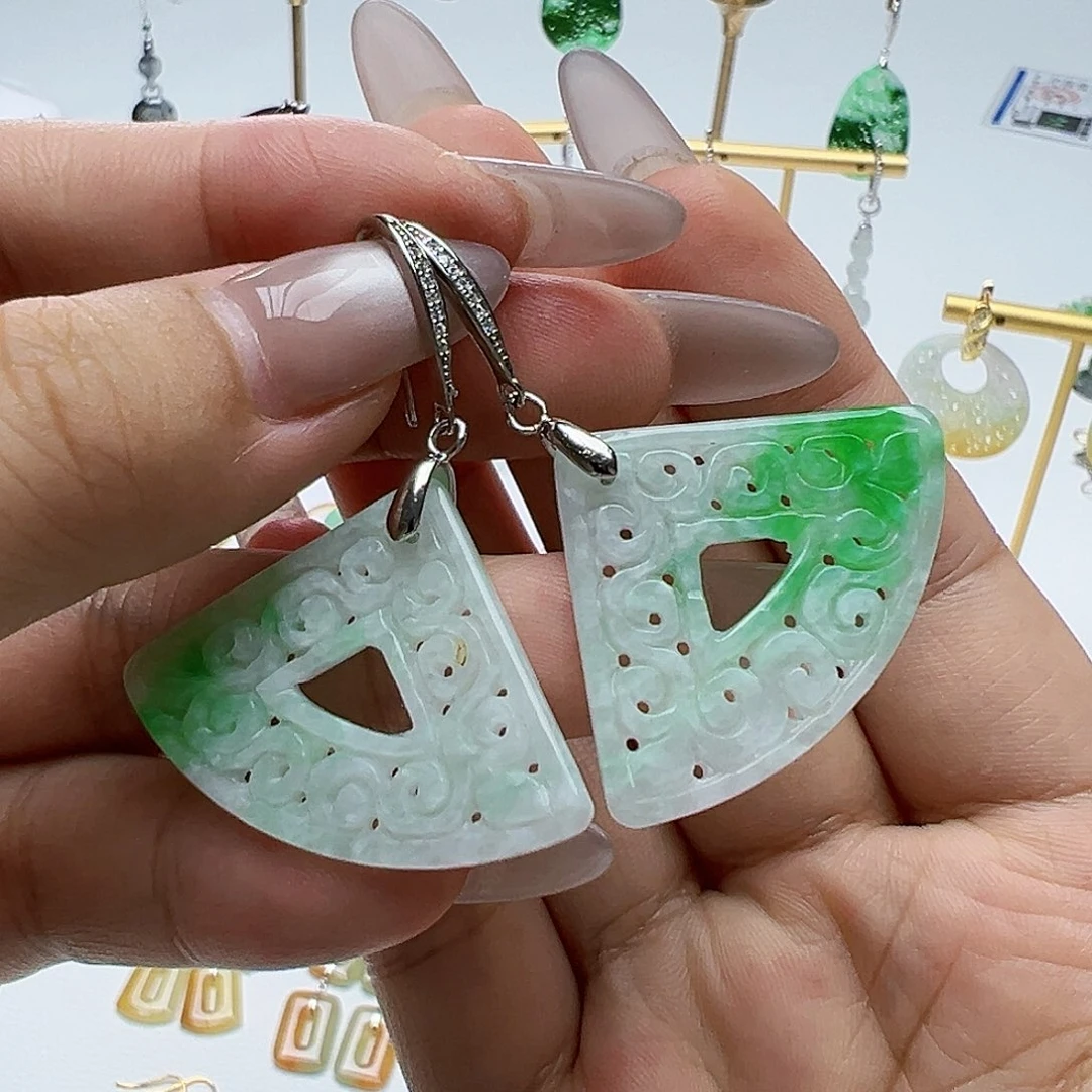 银S925镶嵌翡翠耳饰四*天然缅甸A货翡翠