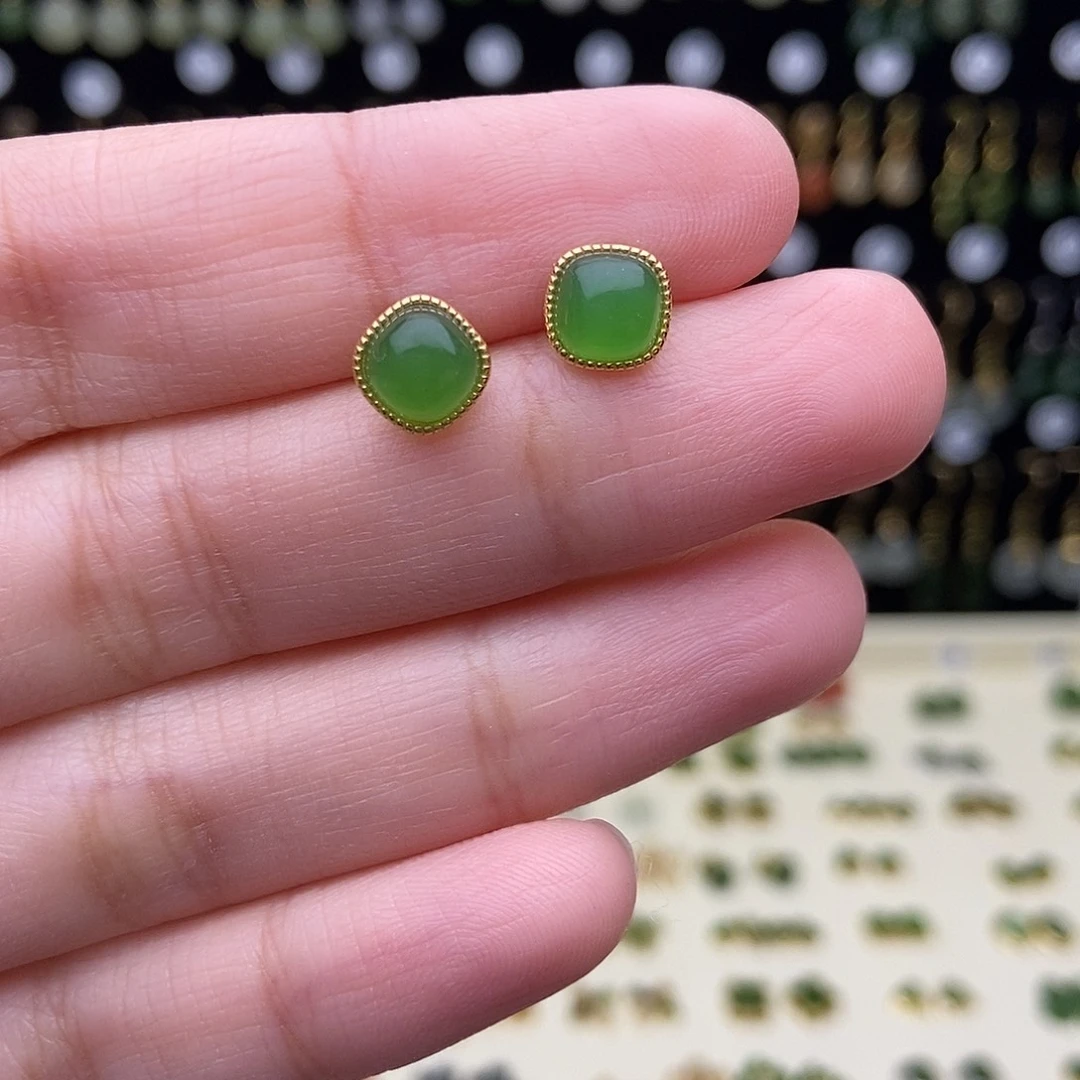 和田玉银S925镀金镶嵌耳饰