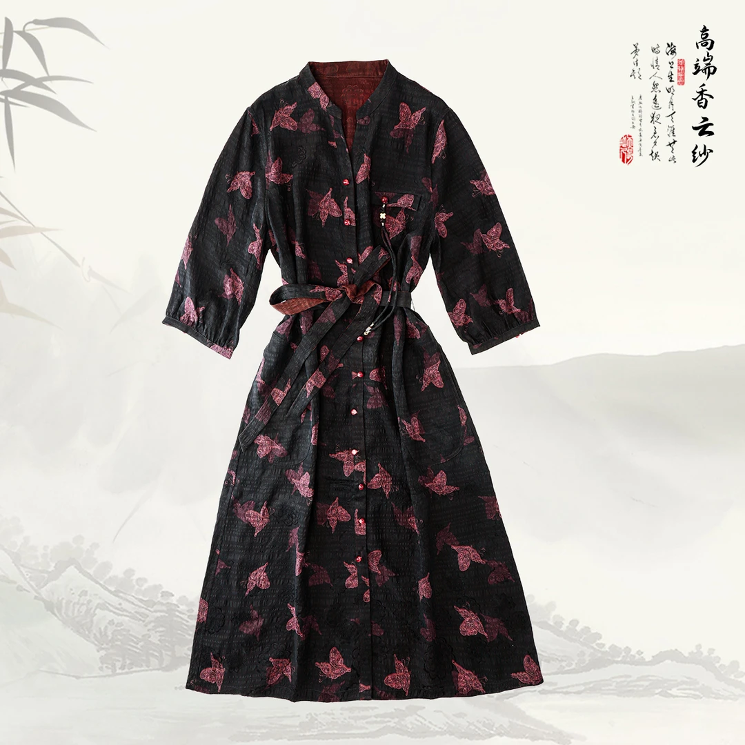 品牌新款香云纱国风重锻提花气质腰带连衣裙429640